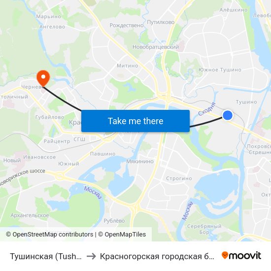 Тушинская (Tushinskaya) to Красногорская городская больница №1 map
