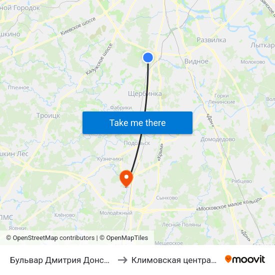 Бульвар Дмитрия Донского (Bulvar Dmitriya Donskogo) to Климовская центральная городская больница map