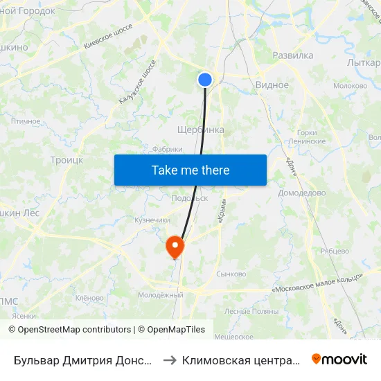 Бульвар Дмитрия Донского (Bulvar Dmitriya Donskogo) to Климовская центральная городская больница map