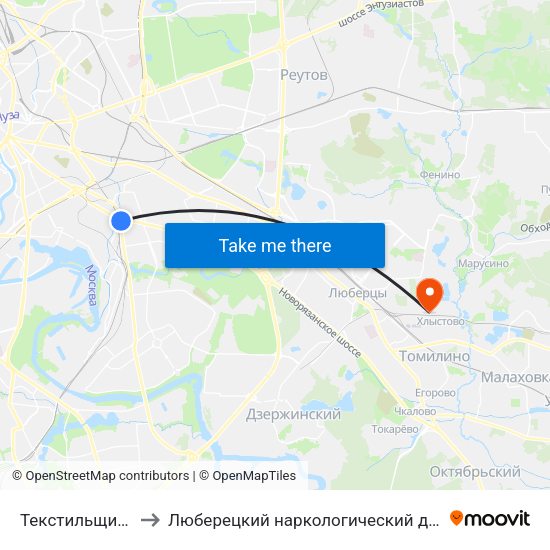 Текстильщики (Tekstilschiki) to Люберецкий наркологический диспансер. Стационарное отделение map