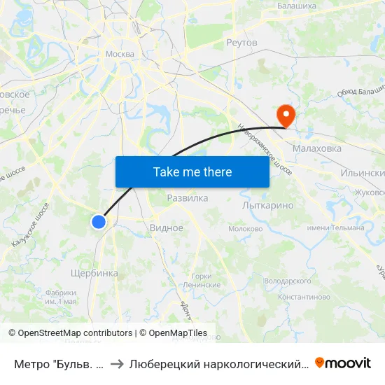 Метро "Бульв. Дмитрия Донского" to Люберецкий наркологический диспансер. Стационарное отделение map