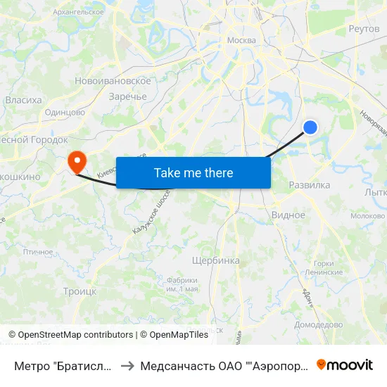Метро "Братиславская" to Медсанчасть ОАО ""Аэропорт Внуково"" map