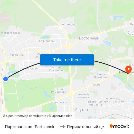 Партизанская (Partizanskaya) to Перинатальный центр map