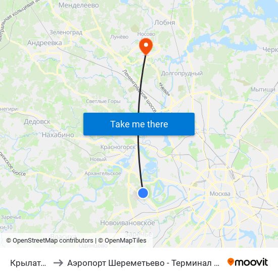 Крылатское (Krylatskoe) to Аэропорт Шереметьево - Терминал F (Sheremetyevo Airport - Terminal F, Aeropuerto Sheremetyevo) map