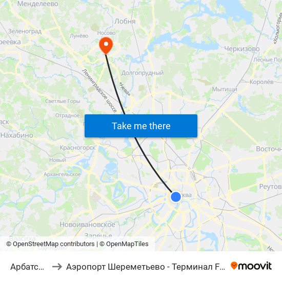 Арбатская (Arbatskaya) to Аэропорт Шереметьево - Терминал F (Sheremetyevo Airport - Terminal F, Aeropuerto Sheremetyevo) map