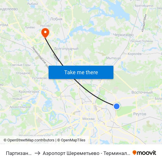 Партизанская (Partizanskaya) to Аэропорт Шереметьево - Терминал F (Sheremetyevo Airport - Terminal F, Aeropuerto Sheremetyevo) map