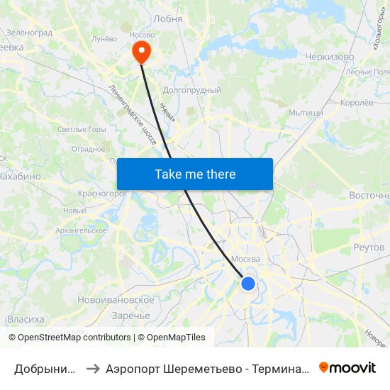Добрынинская (Dobryninskaya) to Аэропорт Шереметьево - Терминал F (Sheremetyevo Airport - Terminal F, Aeropuerto Sheremetyevo) map