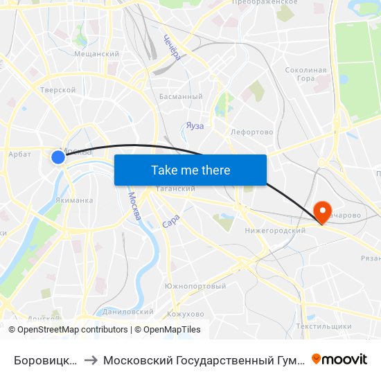 Боровицкая (Borovitskaya) to Московский Государственный Гуманитарный Университет Имени М. А. Шолохова map