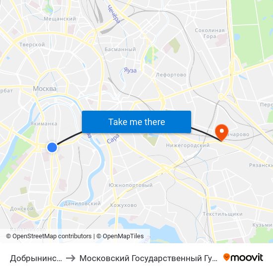 Добрынинская (Dobryninskaya) to Московский Государственный Гуманитарный Университет Имени М. А. Шолохова map