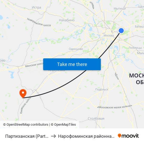 Партизанская (Partizanskaya) to Нарофоминская районная больница 1 map