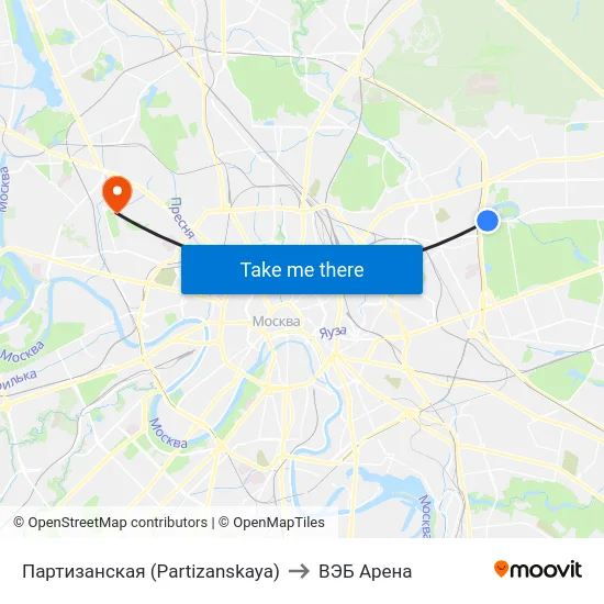 Партизанская (Partizanskaya) to ВЭБ Арена map