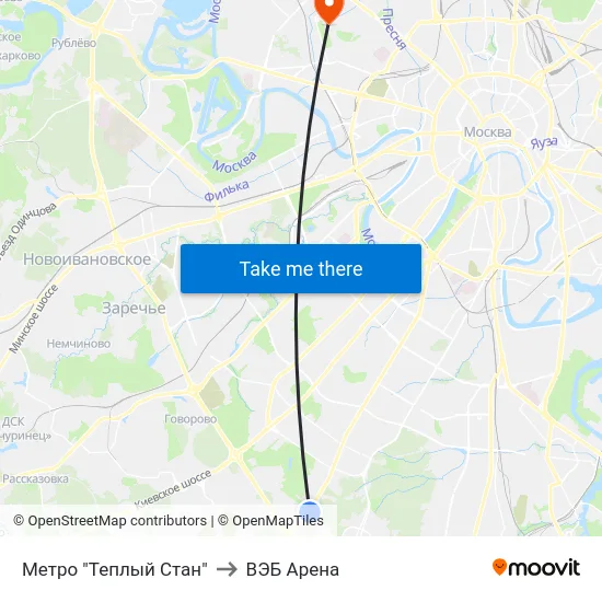 Метро "Теплый Стан" to ВЭБ Арена map