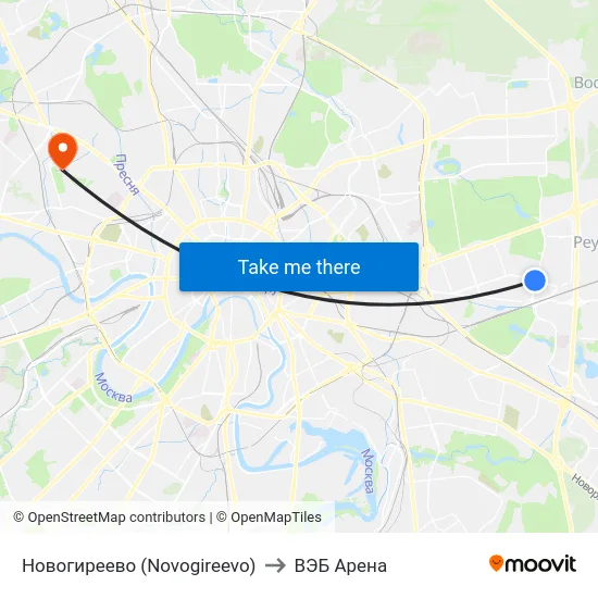 Новогиреево (Novogireevo) to ВЭБ Арена map