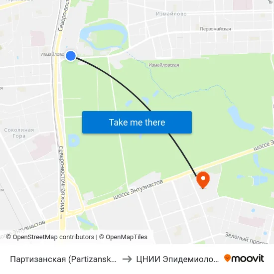 Партизанская (Partizanskaya) to ЦНИИ Эпидемиологии map