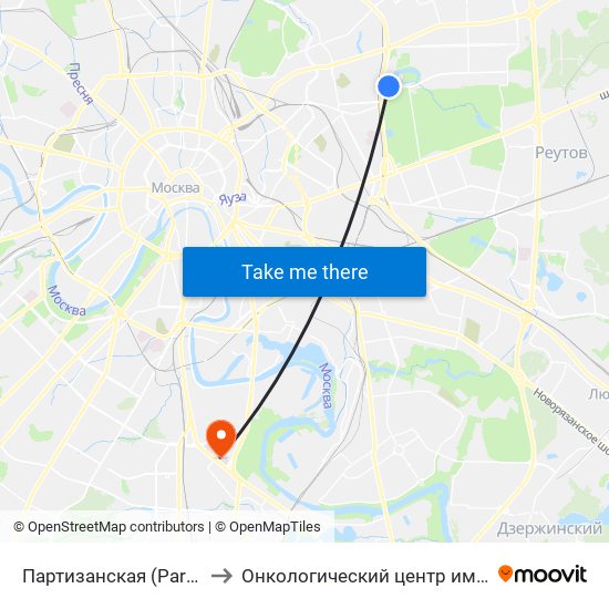Партизанская (Partizanskaya) to Онкологический центр им. Н.Н.Блохина map