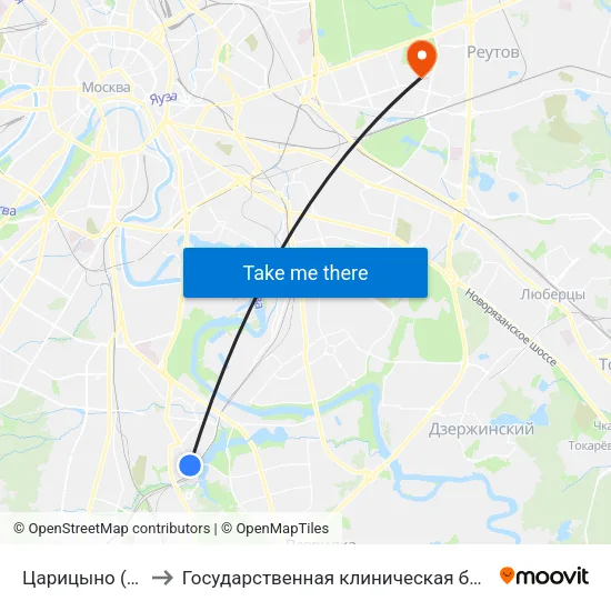 Царицыно (Tsaritsyno) to Государственная клиническая больница им Е. О. Мухина map