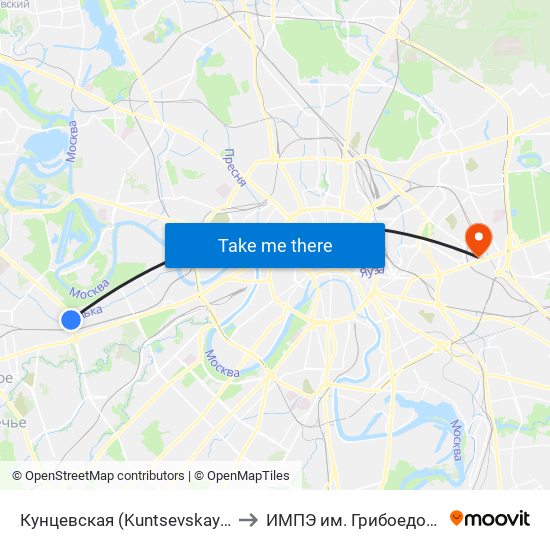 Кунцевская (Kuntsevskaya) to ИМПЭ им. Грибоедова map