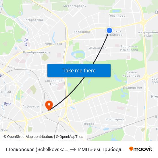 Щелковская (Schelkovskaya) to ИМПЭ им. Грибоедова map