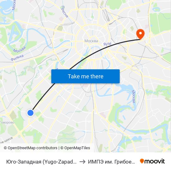 Юго-Западная (Yugo-Zapadnaya) to ИМПЭ им. Грибоедова map