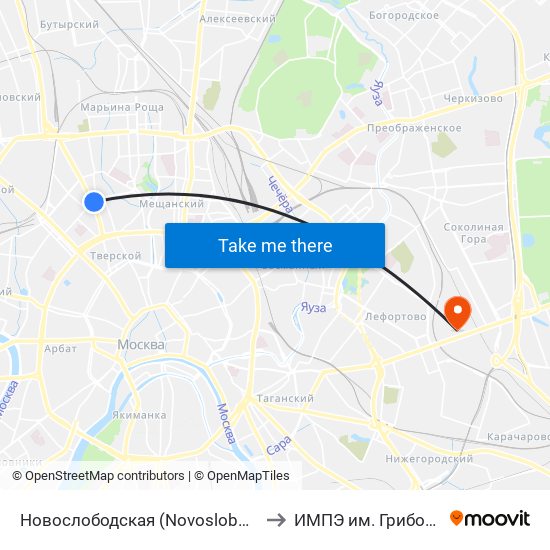 Новослободская (Novoslobodskaya) to ИМПЭ им. Грибоедова map
