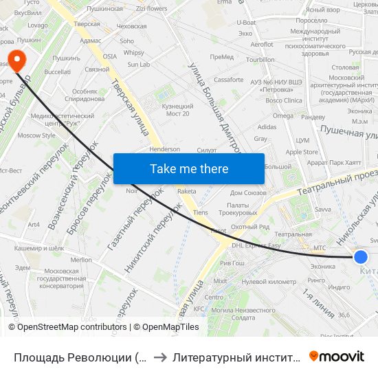Площадь Революции (Ploschad Revolyutsii) to Литературный институт им. А.М. Горького map