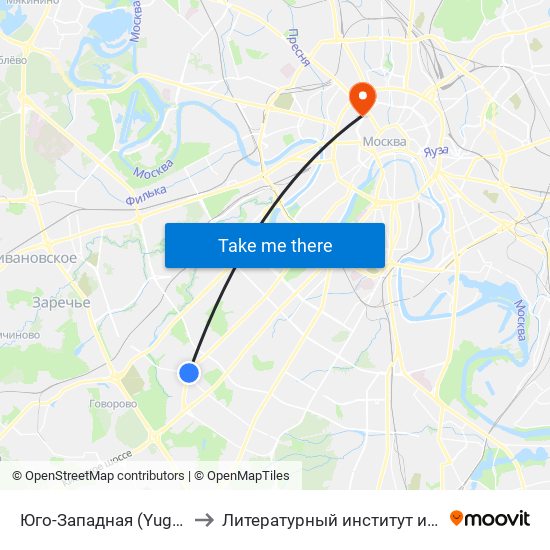 Юго-Западная (Yugo-Zapadnaya) to Литературный институт им. А.М. Горького map