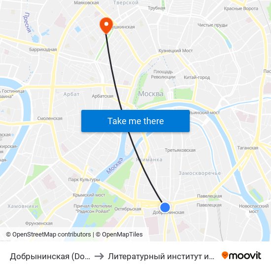 Добрынинская (Dobryninskaya) to Литературный институт им. А.М. Горького map