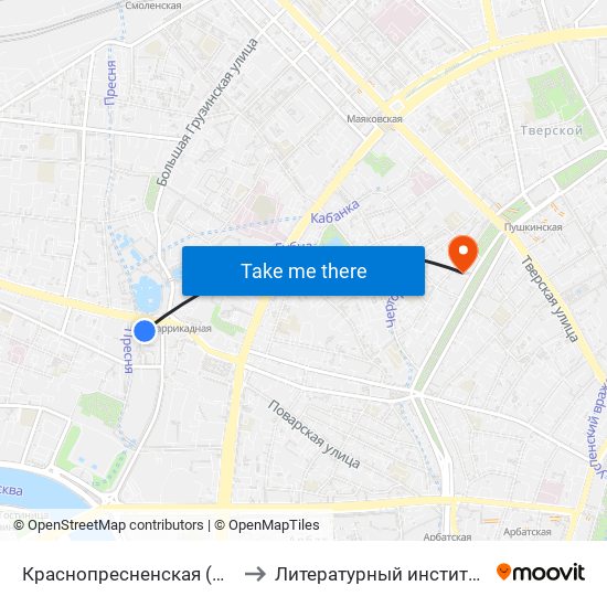 Краснопресненская (Krasnopresnenskaya) to Литературный институт им. А.М. Горького map