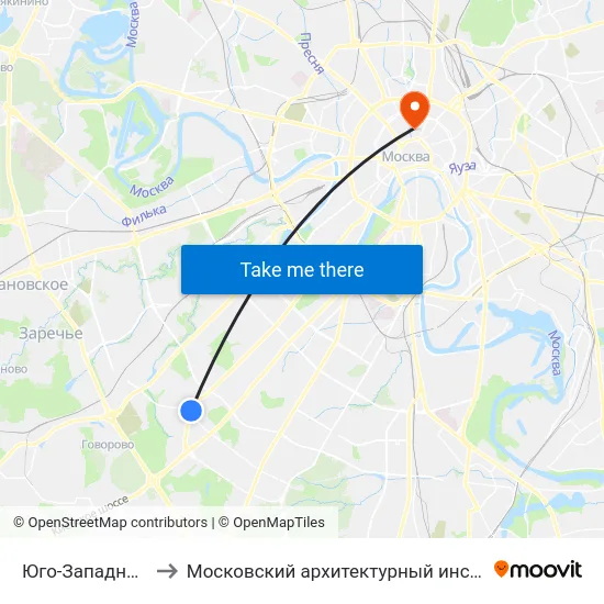 Юго-Западная (Yugo-Zapadnaya) to Московский архитектурный институт (государственная академия) (МАрхИ) map