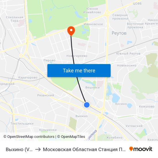 Выхино (Vykhino) to Московская Областная Станция Переливания Крови map