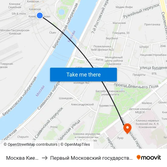 Москва Киевская (Kievsky Station) to Первый Московский государственный медицинский университет им. И. М. Сеченова map