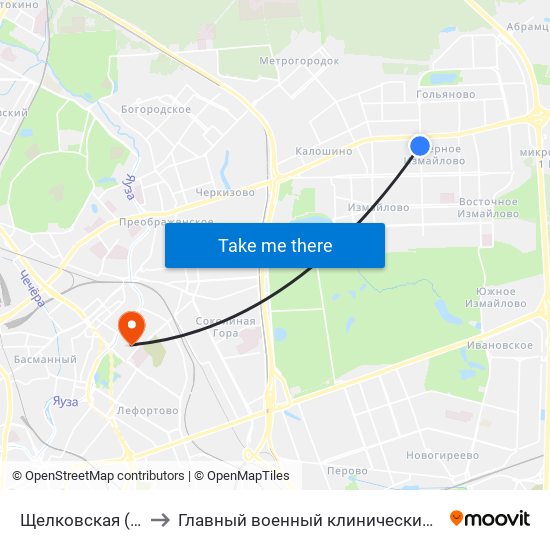 Щелковская (Schelkovskaya) to Главный военный клинический госпиталь им. Н.Н. Бурденко map
