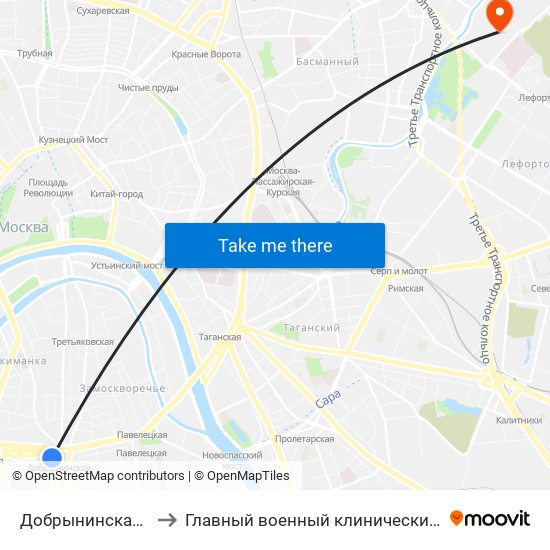 Добрынинская (Dobryninskaya) to Главный военный клинический госпиталь им. Н.Н. Бурденко map