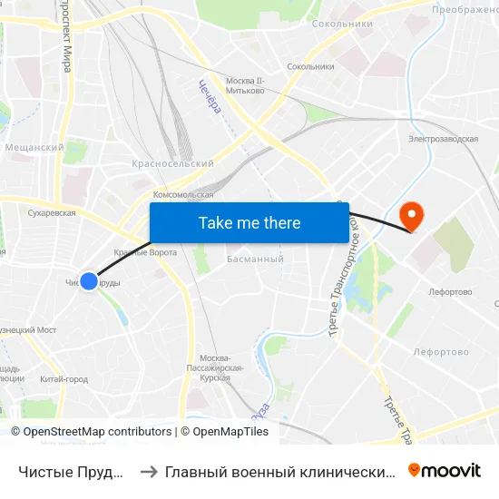 Чистые Пруды (Chistye Prudy) to Главный военный клинический госпиталь им. Н.Н. Бурденко map