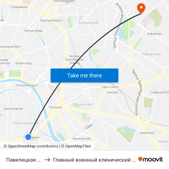 Павелецкая (Paveletskaya) to Главный военный клинический госпиталь им. Н.Н. Бурденко map