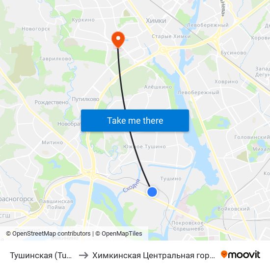 Тушинская (Tushinskaya) to Химкинская Центральная городская больница map