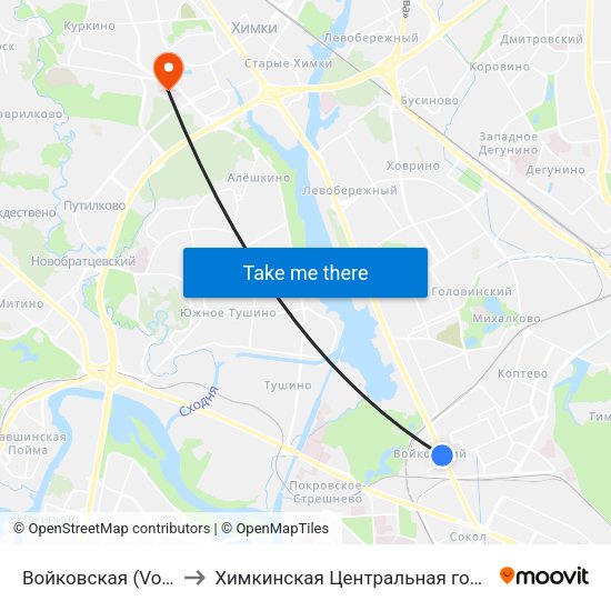 Войковская (Voykovskaya) to Химкинская Центральная городская больница map