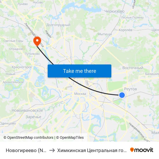 Новогиреево (Novogireevo) to Химкинская Центральная городская больница map