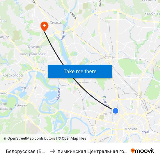 Белорусская (Belorusskaya) to Химкинская Центральная городская больница map