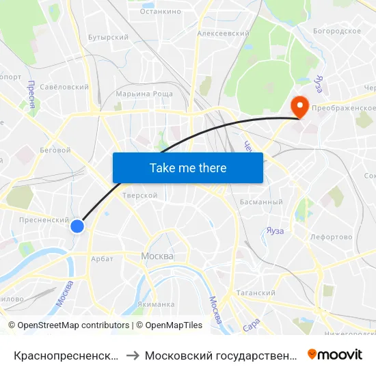 Краснопресненская (Krasnopresnenskaya) to Московский государственный лингвистический университет map
