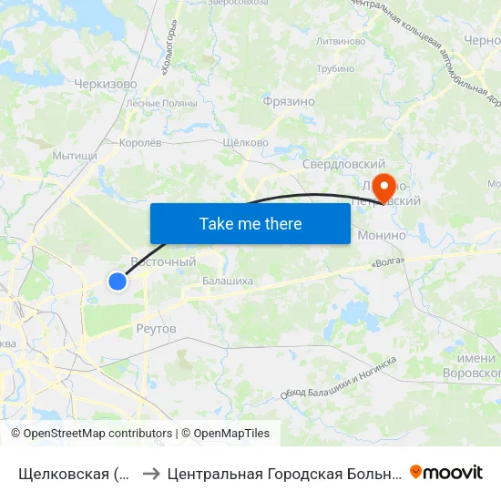 Щелковская (Schelkovskaya) to Центральная Городская Больница Г. Лосино-Петровский map