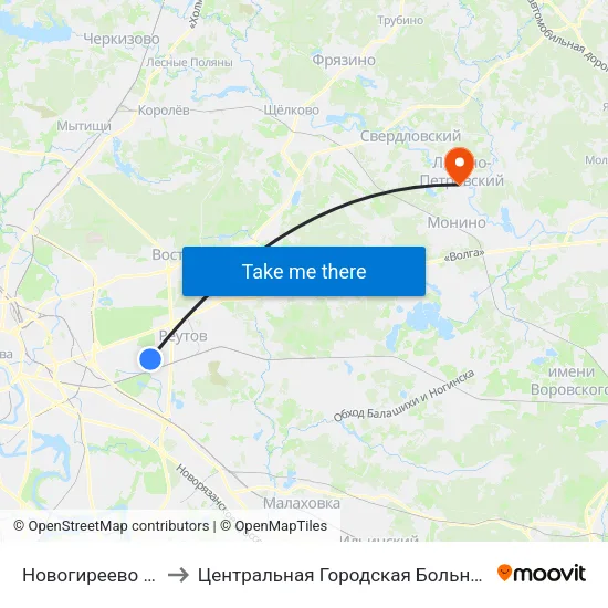 Новогиреево (Novogireevo) to Центральная Городская Больница Г. Лосино-Петровский map
