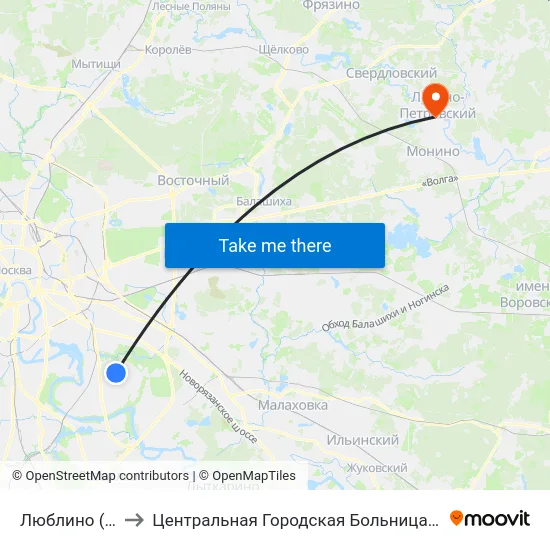 Люблино (Lyublino) to Центральная Городская Больница Г. Лосино-Петровский map