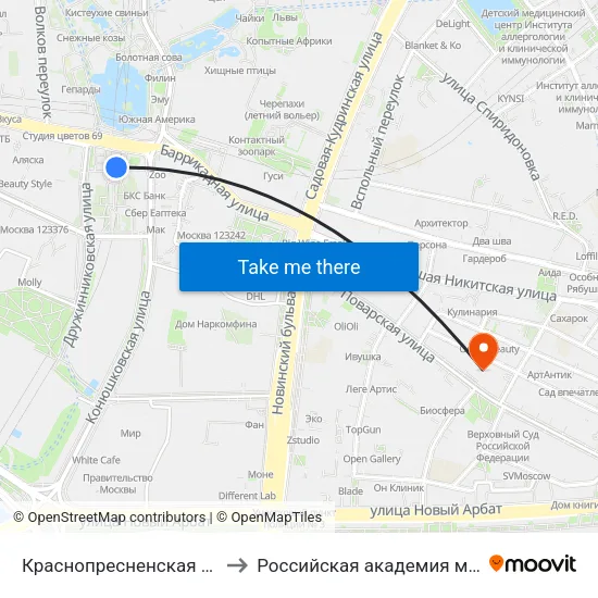 Краснопресненская (Krasnopresnenskaya) to Российская академия музыки имени Гнесиных map