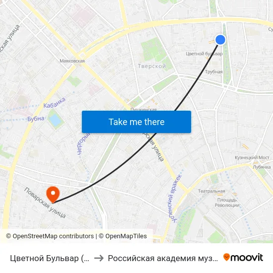 Цветной Бульвар (Tsvetnoy Bulvar) to Российская академия музыки имени Гнесиных map