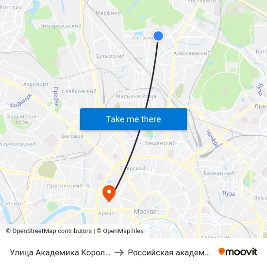 Улица Академика Королева (Ulitsa Akademika Koroleva) to Российская академия музыки имени Гнесиных map