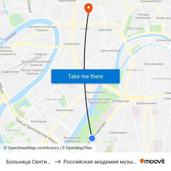 Больница Святителя Алексия to Российская академия музыки имени Гнесиных map