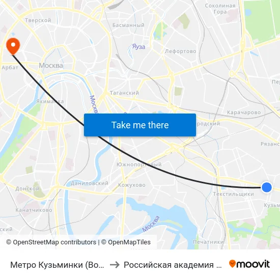 Метро Кузьминки (Волгоградский проспект) to Российская академия музыки имени Гнесиных map