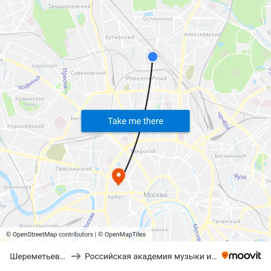 Шереметьевская ул. to Российская академия музыки имени Гнесиных map