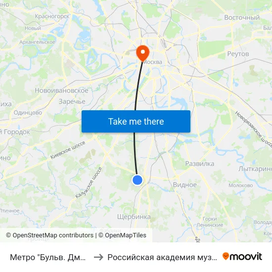 Метро "Бульв. Дмитрия Донского" to Российская академия музыки имени Гнесиных map